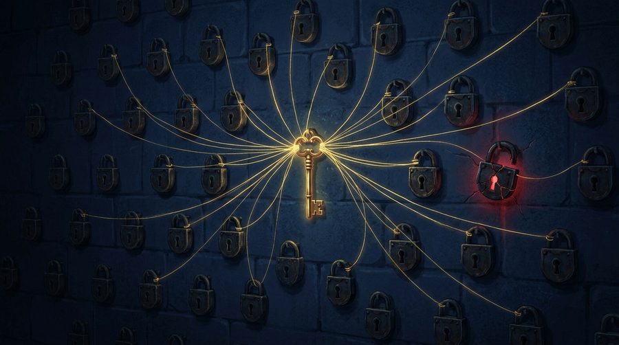 Satu kunci kuningan tersambung benang bercahaya ke banyak gembok identik di dinding gelap sebagai metafora risiko sandi dipakai ulang