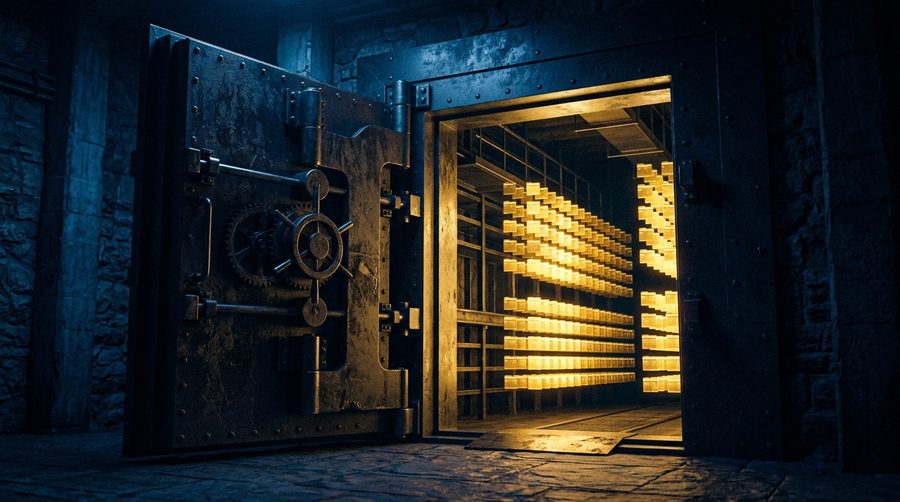 Pintu brankas logam terbuka sedikit dengan cahaya emas hangat dan deretan kartu rapi bercahaya di dalamnya seperti lemari kunci digital