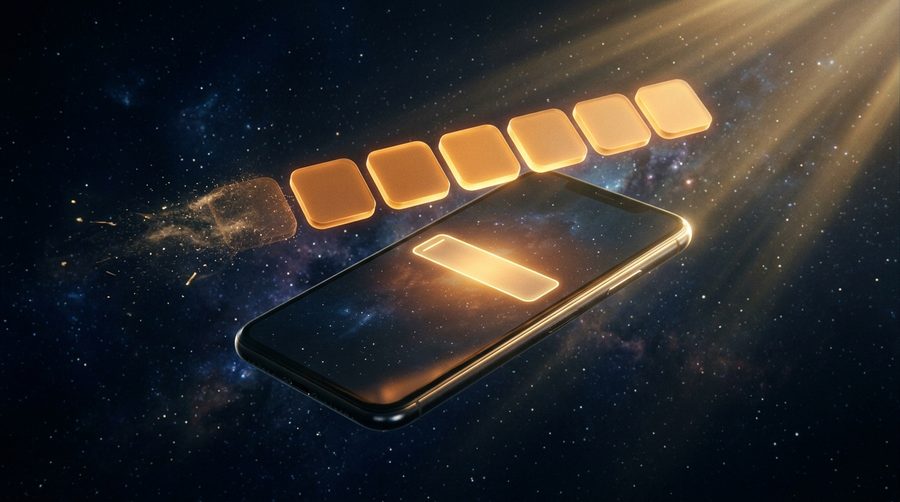 Ponsel melayang di ruang gelap dengan enam ubin kosong menyala amber di atas layarnya sebagai lambang kode verifikasi sekali pakai